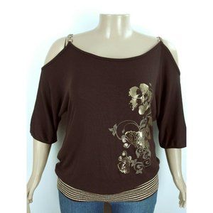 Ashley Stewart Brown & Gold Floral Print Top, Size 12
